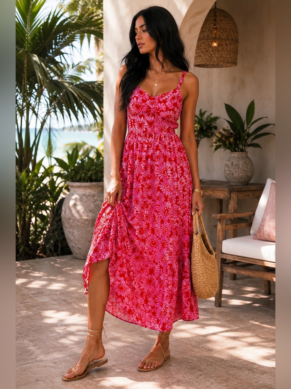 Draper James Red Pink Floral Midi Dress Large Smocked Cottagecore Sundress
